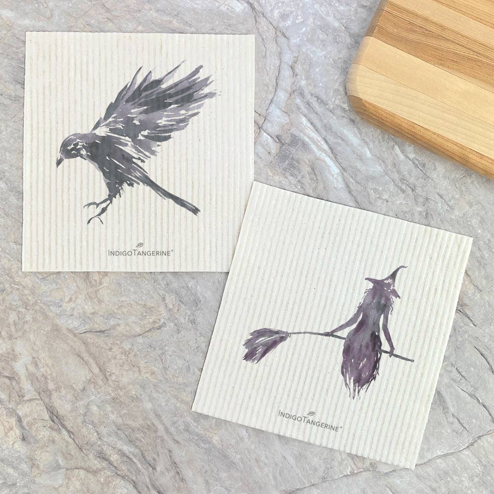 Black Raven, Witch Silhouette 2pk - Halloween Dish Cloth