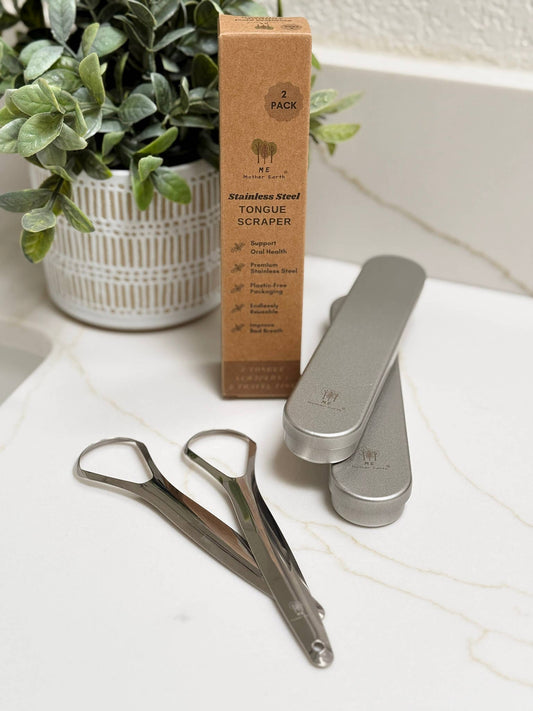 Me Mother Earth - Stainless Steel Tongue Scrapers- 2pk with Travel Tins