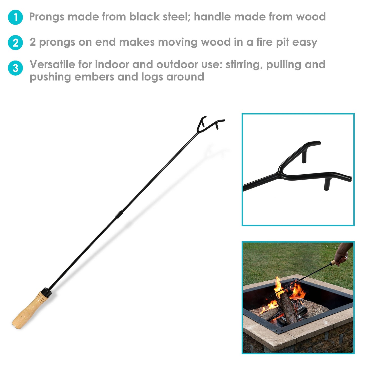 Sunnydaze Decor - 32 in Outdoor Fire Pit Poker with Hook and Wooden Handle
