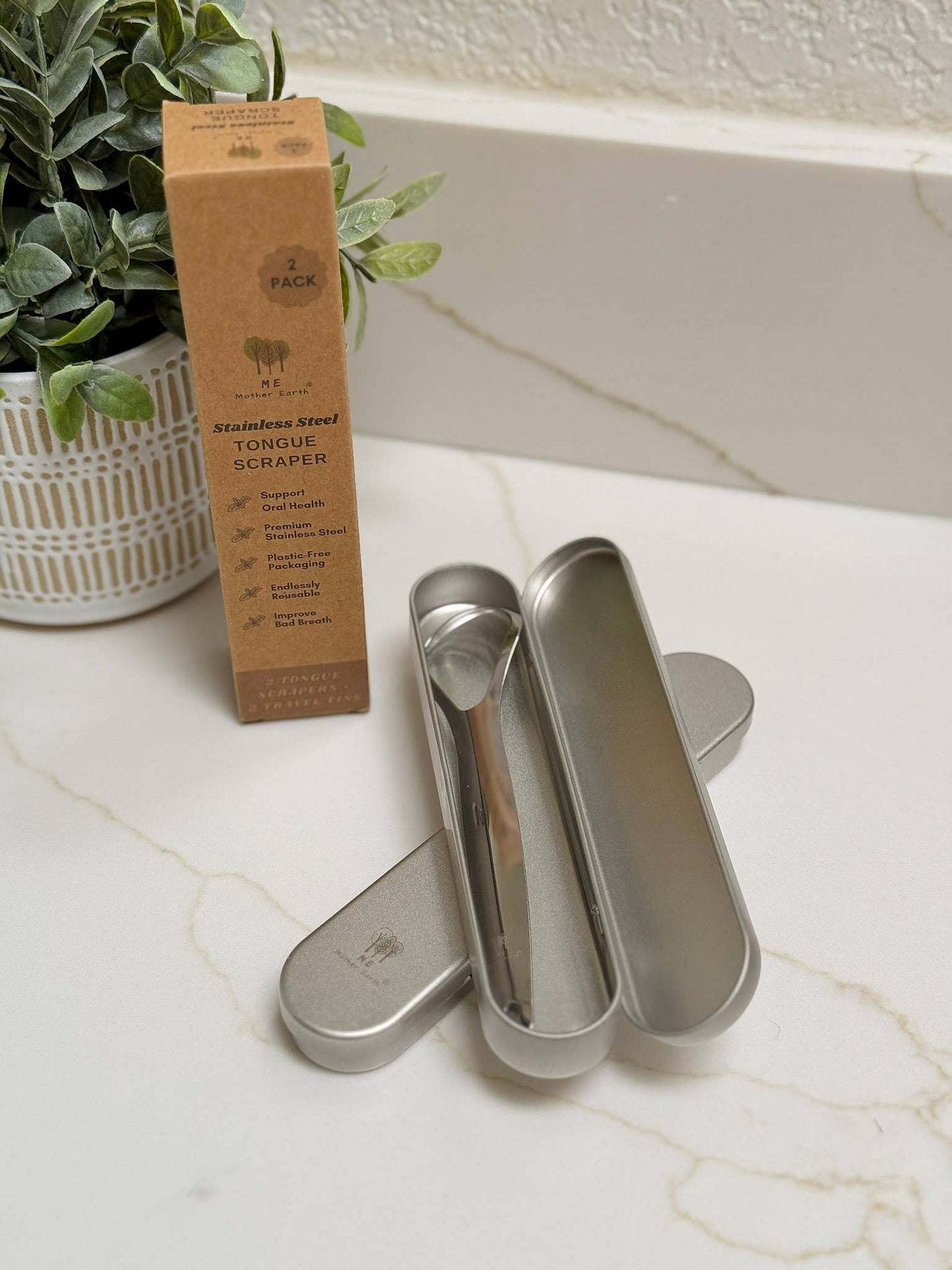 Me Mother Earth - Stainless Steel Tongue Scrapers- 2pk with Travel Tins