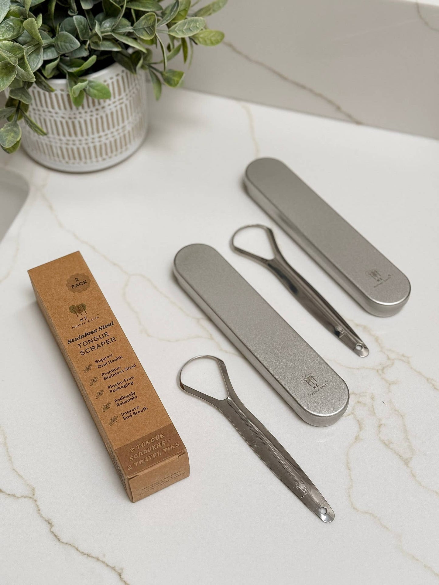 Me Mother Earth - Stainless Steel Tongue Scrapers- 2pk with Travel Tins