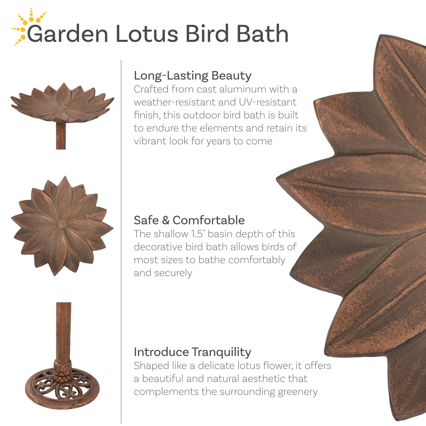 Sunnydaze Decor - Garden Lotus Metal Bird Bath - Copper Patina - 16.5-Inch