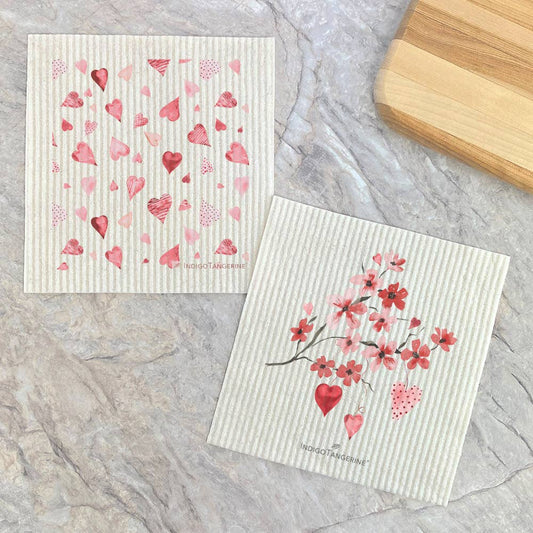 Indigo Tangerine - Cherry Blossom, Scattered Hearts 2pk-Valentine's Dish Cloth