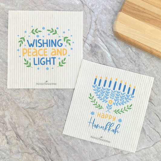 Happy Hanukkah, Wishing Peace & Light 2pk-Swedish Dish Cloth