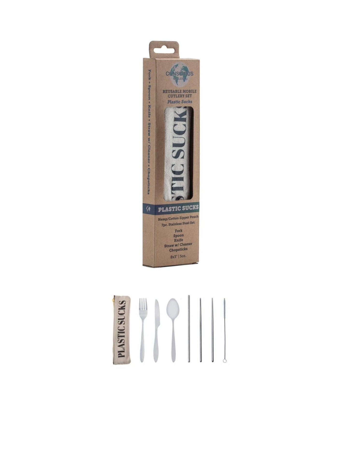 Conscious Cutlery - 7 Piece Travel Cutlery Set With Hemp Pouch