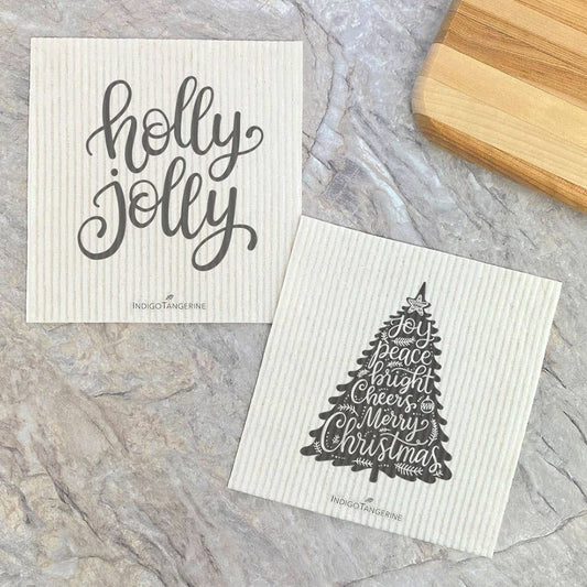 Holly Jolly, Joy Christmas Tree 2pk - Christmas Dish Cloth